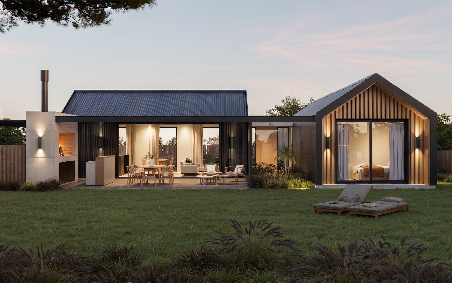 galería iluminada con parrillero y estar exterior al atardecer