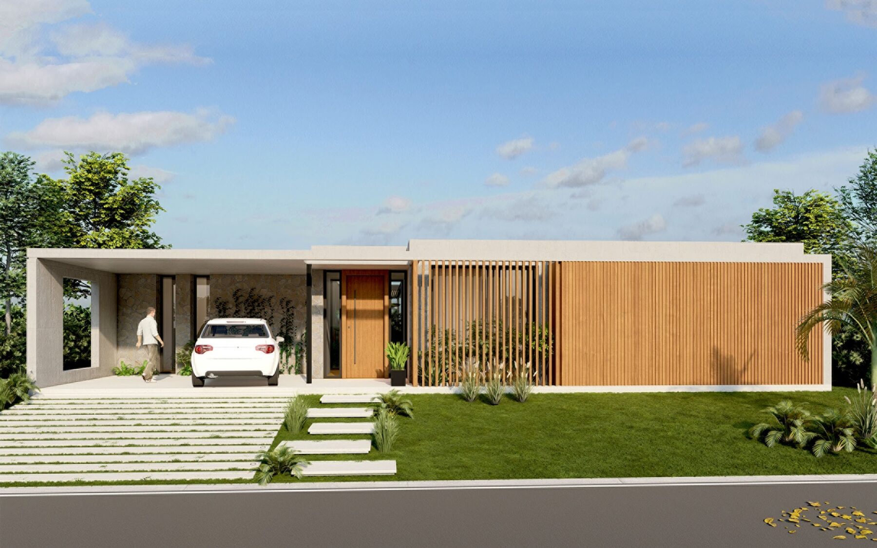 Casa Cavas M21, entrance facade with carport, wooden screens and steps in the garden