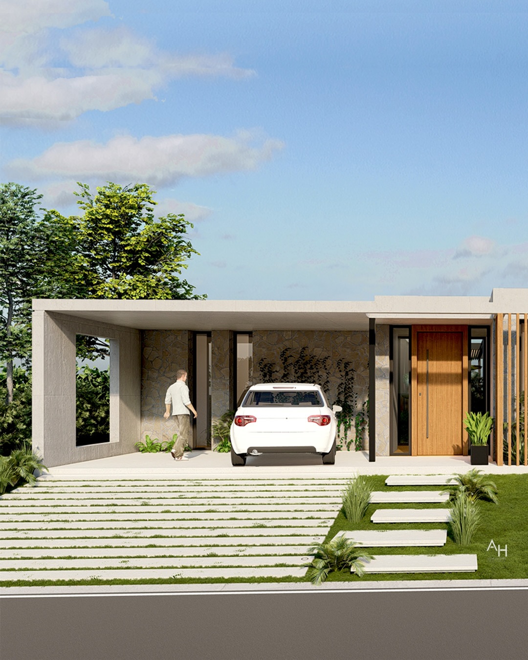 Render de vivienda de hormigón, piedra y madera en Cavas de la Tahona